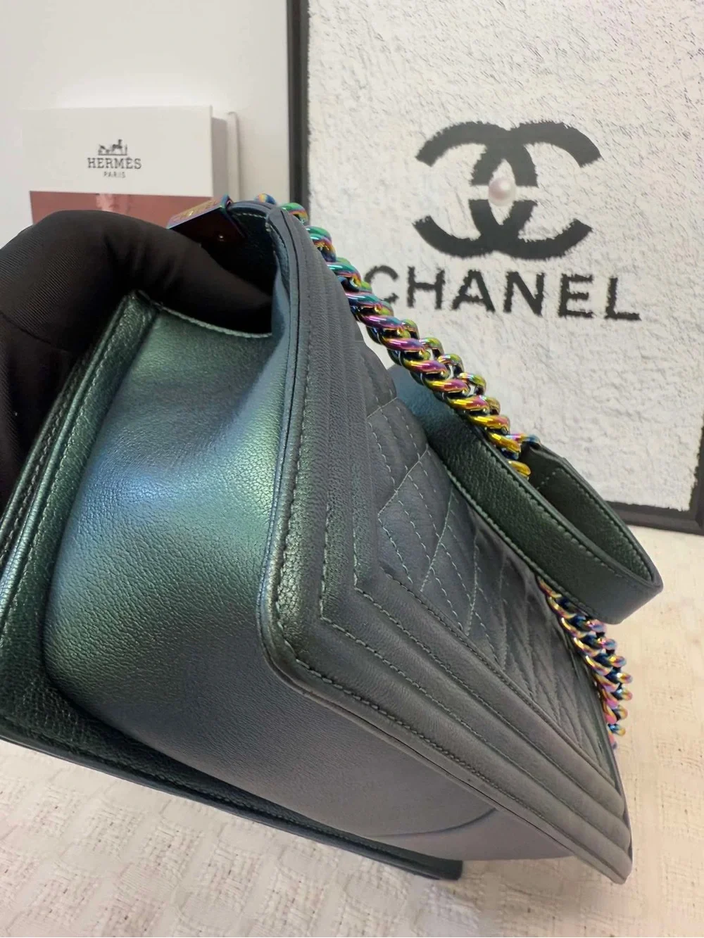 CHANEL LeBoy Iridescent Green Quilted Goatskin Flap Bag with Multicolor Hardware
